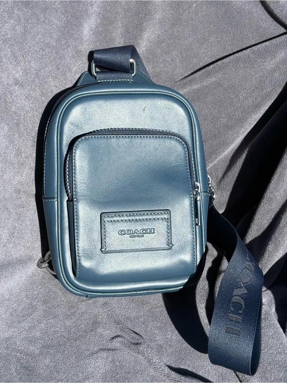 COACH Racer Sling Pack In Smooth Leather in Dark Denim Blue with Silver Hardware - Picture 1 of 14